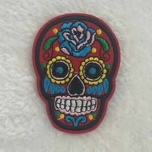 Sugar Skull Embroidered Patch Unisex Red Floral Day of the Dead Calavera Rose